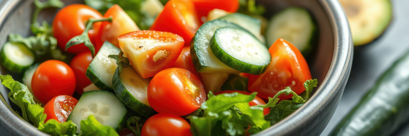 Fresh vegetable salad with ripe tomatoes and crisp cucumbers prepared in a bowl